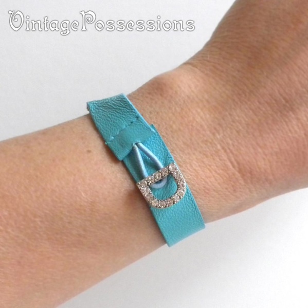 Aqua Leather Cuff Bracelet with Silver Rhinestone Letter D Vintage New Stock